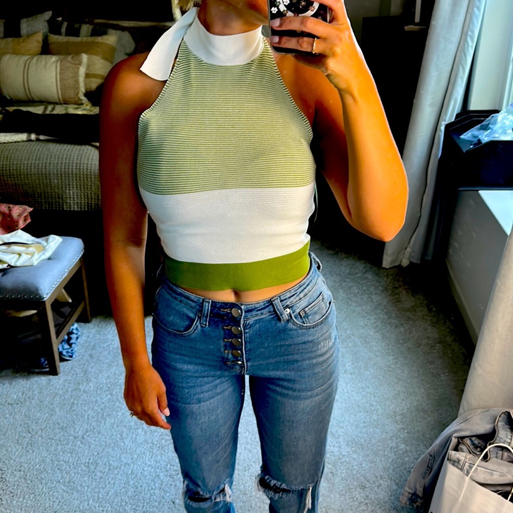 Green high neck crop top with neck tie